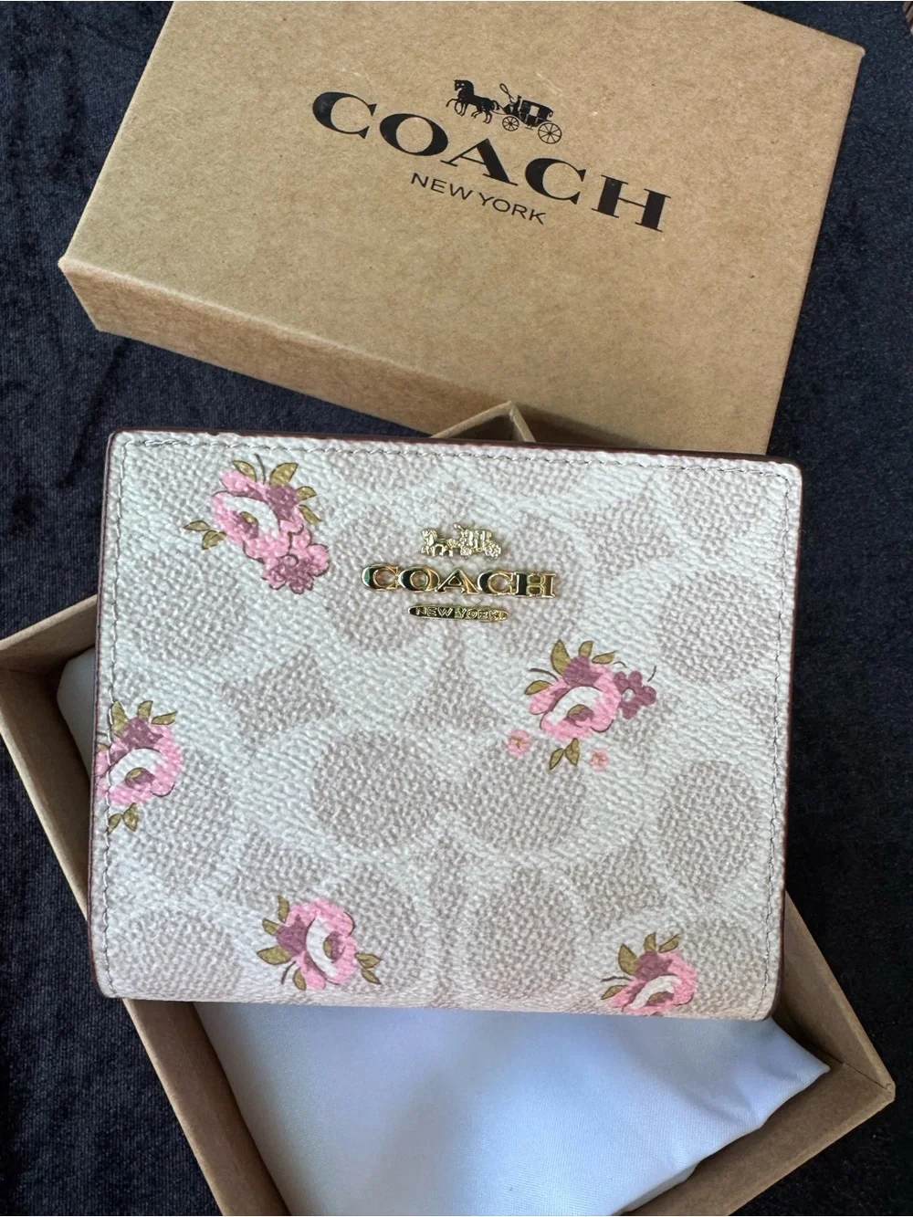 COACH Pink Floral Signature Compact Wallet in Cream